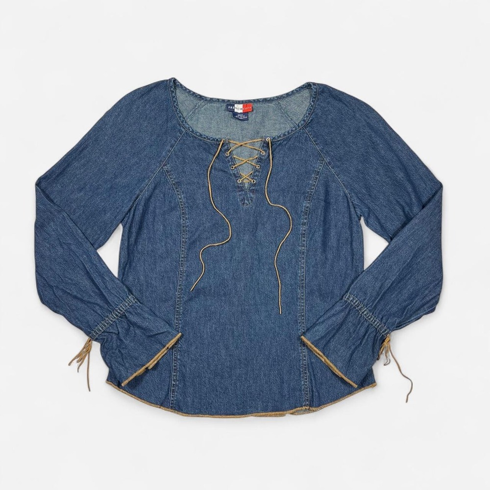 French Cuff Denim Lace Up Bell Sleeve Top with Suede Lace
